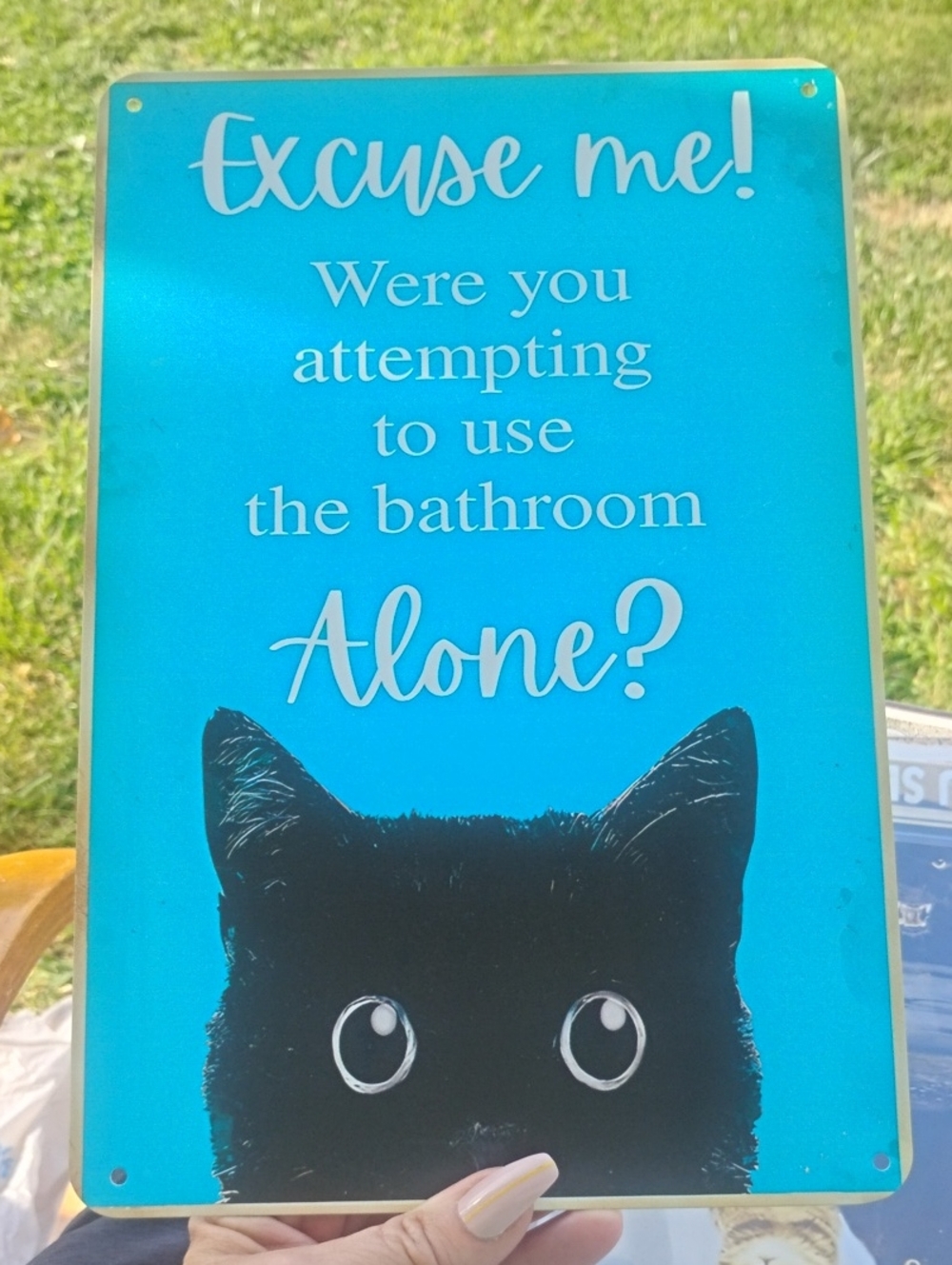 "Excuse Me!" Blue Cat Bathroom Wall Sign